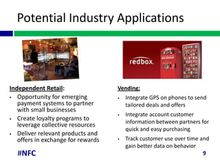 Potential Industry Applications




Independent Retail:                 Vending:
 Opportunity for emerging             Integrate GPS on phones to send
   payment systems to partner           tailored deals and offers
   with small businesses
                                       Integrate account customer
 Create loyalty programs to
                                        information between partners for
   leverage collective resources
                                        quick and easy purchasing
 Deliver relevant products and
   offers in exchange for rewards      Track customer use over time and
                                        gain better data on behavior
  #NFC                                                                9
 
