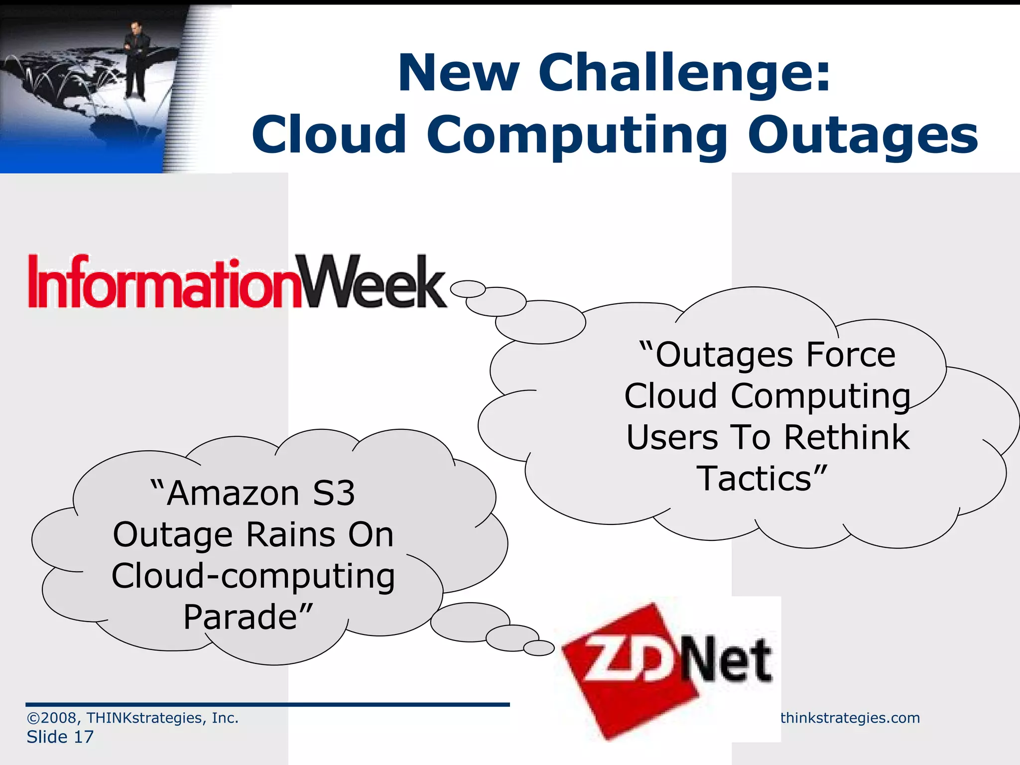 New Challenge: Cloud Computing Outages ©2008, THINKstrategies, Inc.  www.thinkstrategies.com Slide  “ Amazon S3 Outage Rains On Cloud-computing Parade”  “ Outages Force Cloud Computing Users To Rethink Tactics”  