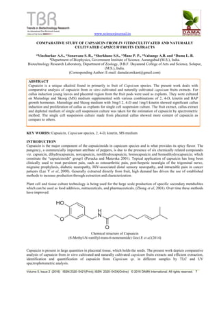 www.sciencejournal.in
Volume 5, Issue 2 (2016) ISSN 2320–0421(Print); ISSN 2320–043X(Online) © 2016 DAMA International. All rights reserved. 7
COMPARATIVE STUDY OF CAPSAICIN FROM IN VITRO CULTIVATED AND NATURALLY
CULTIVATED CAPSICUM FRUITS EXTRACTS
*Vinchurkar A.S., *Sonawane S. R., *Sherkhane S.S., *Mane P. P., *Valsange A.B. and *Dama L. B.
*Department of Biophysics, Government Institute of Science, Aurangabad (M.S.), India.
Biotechnology Research Laboratory, Department of Zoology, D.B.F. Dayanand College of Arts and Science, Solapur,
(M.S.), India.
(Corresponding Author: E-mail: damalaxmikant@gmail.com)
ABSTRACT
Capsaicin is a unique alkaloid found in primarily in fruit of Capsicum species. The present work deals with
comparative analysis of capsaicin from in vitro cultivated and naturally cultivated capsicum fruits extracts. For
callus induction young leaves and placental region from the fruit pods were used as explants. They were cultured
on Murashige and Skoog (MS) medium supplemented with various combinations of 2, 4-D, kinetin and BAP
growth hormones. Murashige and Skoog medium with 3mg/l 2, 4-D and 1mg/l kinetin showed significant callus
induction and proliferation of callus as explants for single cell suspension culture. The fruit extract, callus extract
and depleted medium of single cell suspension culture was taken for the estimation of capsaicin by spectrometric
method. The single cell suspension culture made from placental callus showed more content of capsaicin as
compare to others.
KEY WORDS: Capsaicin, Capsicum species, 2, 4-D, kinetin, MS medium
INTRODUCTION
Capsaicin is the major component of the capsaicinoids in capsicum species and is what provides its spicy flavor. The
pungency, a commercially important attribute of peppers, is due to the presence of six chemically related compounds
viz. capsaicin, dihydrocapsaicin, norcapsaicin, nordihydrocapsaicin, homocapsaicin and homodihydrocapsaicin; which
constitute the “capsaicinoids” group1 (Perucka and Materska 2001). Topical application of capsaicin has long been
clinically used to treat persistent pain, such as osteoarthritic pain, post-herpetic neuralgia of the trigeminal nerve,
migraine prophylaxis, diabetic neuropathy, HIV-associated distal sensory neuropathy, and intractable pain in cancer
patients (Lee Y et al, 2000). Generally extracted directly from fruit, high demand has driven the use of established
methods to increase production through extraction and characterization.
Plant cell and tissue culture technology is being used for the large scale production of specific secondary metabolites
which can be used as food additives, nutraceuticals, and pharmaceuticals. (Zhong et al, 2001). Over time these methods
have improved.
Chemical structure of Capsaicin
(8-Methyl-N-vanillyl-trans-6-nonenamide) Goci.E et al,(2014)
Capsaicin is present in large quantities in placental tissue, which holds the seeds. The present work depicts comparative
analysis of capsaicin from in vitro cultivated and naturally cultivated capsicum fruits extracts and efficient extraction,
identification and quantification of capsaicin from Capsicum sp. in different samples by TLC and UV
spectrophotometric analysis.
 