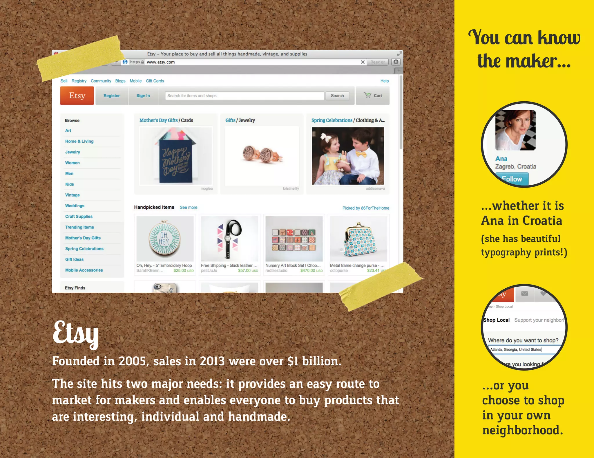 Etsy
Founded in 2005, sales in 2013 were over $1 billion.
The site hits two major needs: it provides an easy route to
market for makers and enables everyone to buy products that
are interesting, individual and handmade.
You can know
the maker...
...whether it is
Ana in Croatia
(she has beautiful
typography prints!)
...or you
choose to shop
in your own
neighborhood.
 