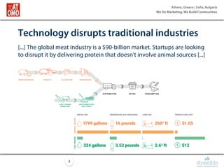 Athens, Greece | Sofia, Bulgaria
We Do Marketing, We Build Communities
5
Technology disrupts traditional industries
[...] The global meat industry is a $90-billion market. Startups are looking
to disrupt it by delivering protein that doesn't involve animal sources [...]
 