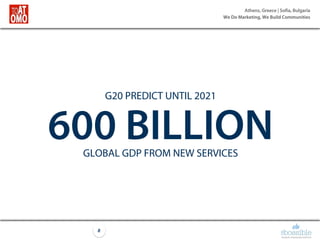Athens, Greece | Sofia, Bulgaria
We Do Marketing, We Build Communities
8
G20 PREDICT UNTIL 2021
600 BILLIONGLOBAL GDP FROM NEW SERVICES
 