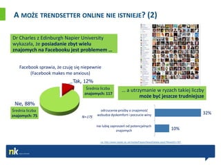 A MOŻE TRENDSETTER ONLINE NIE ISTNIEJE? (2)

Dr Charles z Edinburgh Napier University
wykazała, że posiadanie zbyt wielu
znajomych na Facebooku jest problemem …


    Facebook sprawia, że czuję się niepewnie
         (Facebook makes me anxious)
                              Tak, 12%
                                    Średnia liczba           … a utrzymanie w ryzach takiej liczby
                                   znajomych: 117
                                                                     może byd jeszcze trudniejsze
 Nie, 88%
Średnia liczba                              odrzucenie prośby o znajomośd
                                          wzbudza dyskomfort i poczucie winy                                      32%
znajomych: 75                     N=175

                                          nie lubię zaproszeo od potencjalnych
                                                        znajomych                                     10%

                                            za: http://www.napier.ac.uk/media/Pages/NewsDetails.aspx?NewsID=187
 