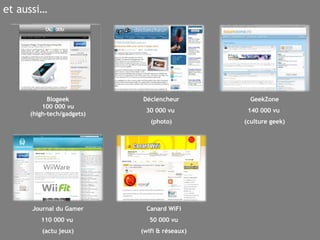 et aussi… Blogeek 100 000 vu (high-tech/gadgets) Déclencheur 30 000 vu  (photo) GeekZone 140 000 vu  (culture geek) Journal du Gamer 110 000 vu  (actu jeux) Canard WiFi 50 000 vu (wifi & réseaux) 