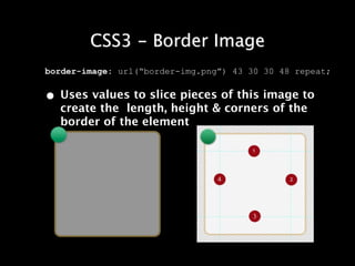 CSS3 - Border Image
border-image: url(“border-img.png”) 43 30 30 48 repeat;


• Uses values to slice pieces of this image to
  create the length, height & corners of the
  border of the element
 