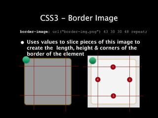 CSS3 - Border Image
border-image: url(“border-img.png”) 43 30 30 48 repeat;


• Uses values to slice pieces of this image to
  create the length, height & corners of the
  border of the element
 