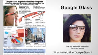 Google Glass
Now with fashionable prescription
frames and shades
What is the USP of Google Glass ?
 