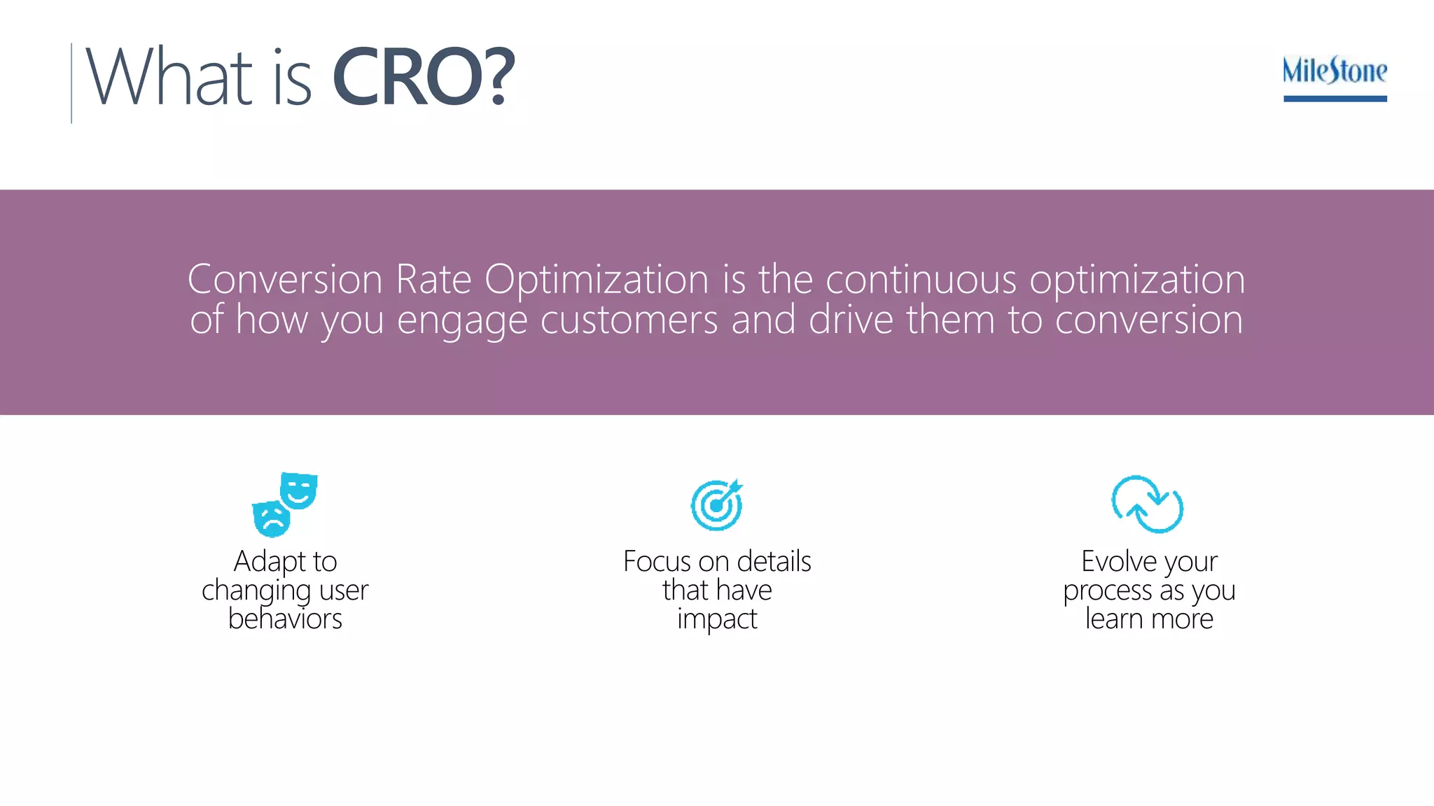 What is CRO?
Conversion Rate Optimization is the continuous optimization
of how you engage customers and drive them to conversion
Adapt to
changing user
behaviors
Focus on details
that have
impact
Evolve your
process as you
learn more
 