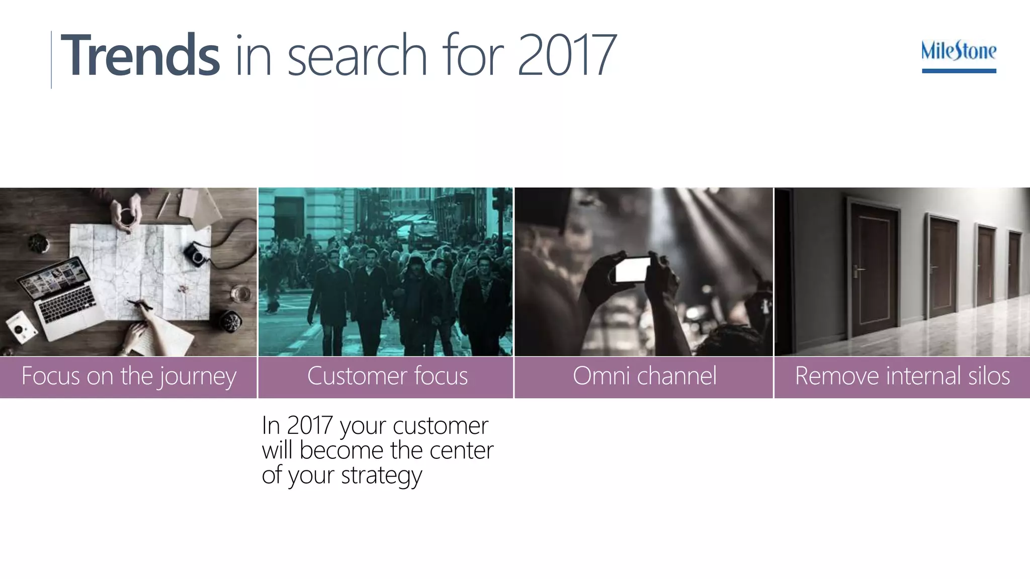 Trends in search for 2017
Focus on the journey Omni channel Remove internal silos
In 2017 your customer
will become the center
of your strategy
Customer focus
 