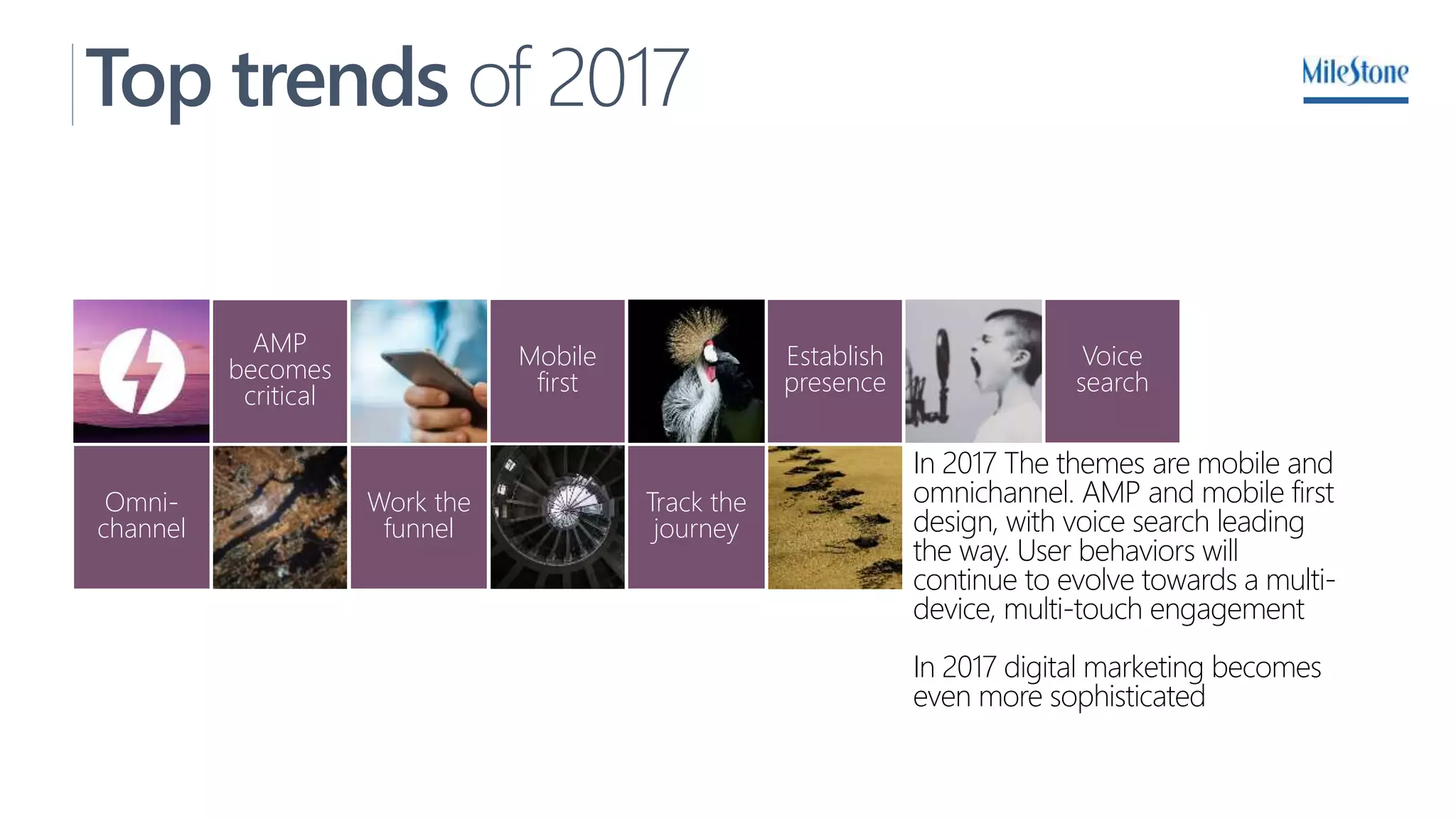 AMP
becomes
critical
Top trends of 2017
Mobile
first
Establish
presence
Omni-
channel
Work the
funnel
Track the
journey
Voice
search
In 2017 The themes are mobile and
omnichannel. AMP and mobile first
design, with voice search leading
the way. User behaviors will
continue to evolve towards a multi-
device, multi-touch engagement
In 2017 digital marketing becomes
even more sophisticated
 