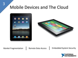 3
      Mobile Devices and The Cloud




Market Fragmentation   Remote Data Access   Embedded System Security
 