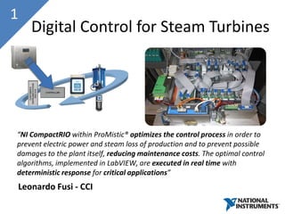 1
    Digital Control for Steam Turbines




“NI CompactRIO within ProMistic® optimizes the control process in order to
prevent electric power and steam loss of production and to prevent possible
damages to the plant itself, reducing maintenance costs. The optimal control
algorithms, implemented in LabVIEW, are executed in real time with
deterministic response for critical applications”
Leonardo Fusi - CCI
 