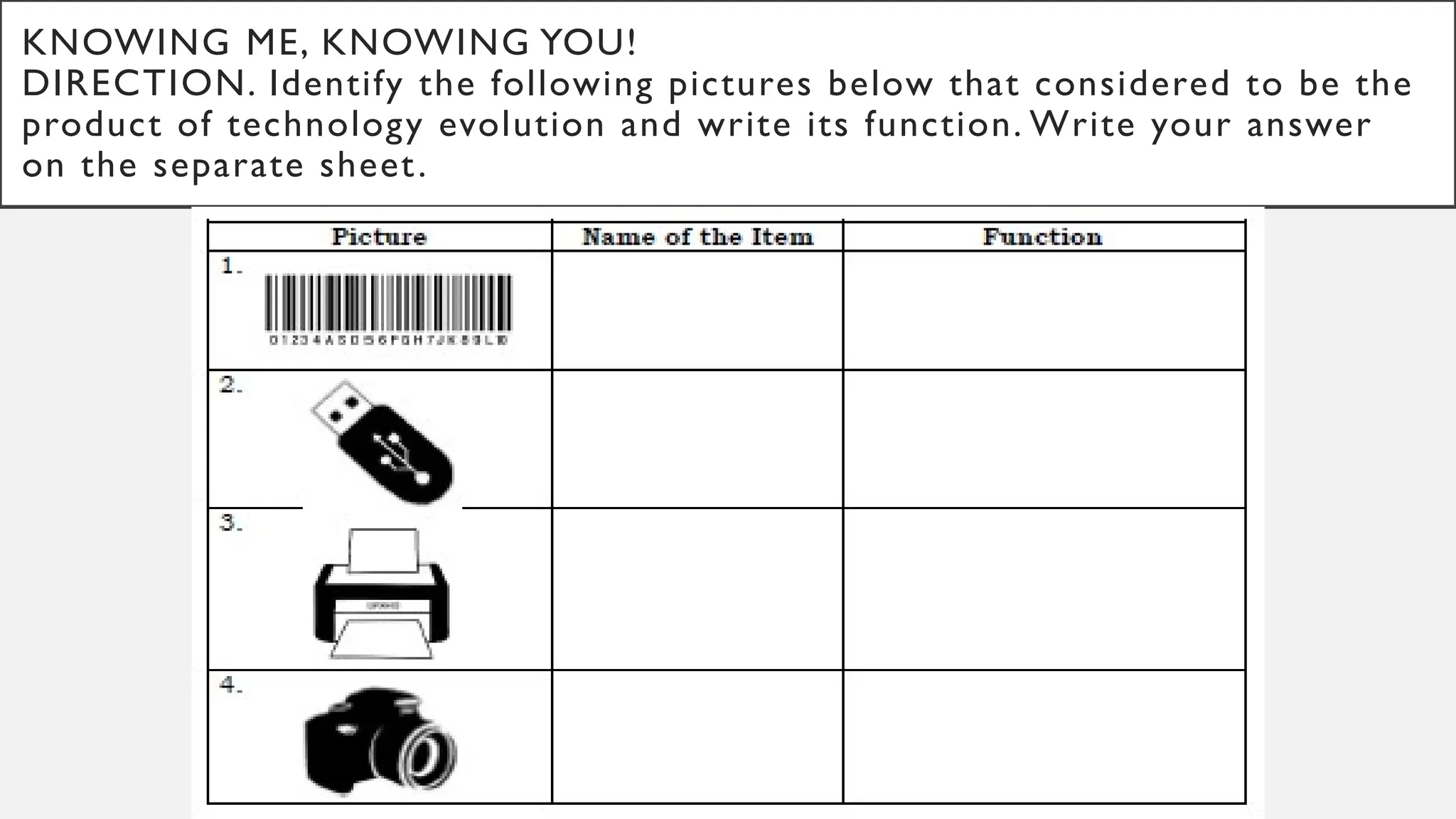 KNOWING ME, KNOWING YOU!
DIRECTION. Identify the following pictures below that considered to be the
product of technology evolution and write its function. Write your answer
on the separate sheet.
 