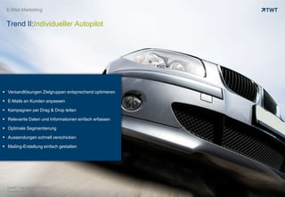 Copyright 2013 TWT
E-Mail-Marketing
Trend II:Individueller Autopilot
Quelle: Lead digital 01/2013
Copyright 2013 TWT
 Versandlösungen Zielgruppen entsprechend optimieren
 E-Mails an Kunden anpassen
 Kampagnen per Drag & Drop leiten
 Relevante Daten und Informationen einfach erfassen
 Optimale Segmentierung
 Aussendungen schnell verschicken
 Mailing-Erstellung einfach gestalten
 