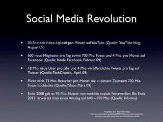 Social Networks und die neue Partizipationskultur im Internet verlangen von Medienunternehmen umfassende Änderungen ihres traditionellen Einbahnstraßen-Status  Aus passiven Zuschauern und Lesern werden aktiv partizipierende Nutzer Nutzer vertrauen und folgen vor allem den Empfehlungen aus ihren persönlichen Netzwerken. Jede 7. Seitenaufruf in GB wird durch Facebook generiert - und jeder 4. in den USA In Deutschland bekommen die großen Nachrichtensites die Hälfte ihres Traffics über Google Das Echtzeitnetz (Twitter) weckt Erwartungen, die auf klassische Medien übertragen werden 