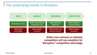 DATA INSIGHT DECISION EXECUTION
The underlying trends in Analytics
© Rahul Saxena 11February 2019
Better decision
algorithms
More analytics
success stories
More industry
disruption
More data sources
Better/new analysis
(same/new use)
More privacy and
ethical concerns
More quality
concerns
More data
vulnerability
Either new entrants or industry
competitors will use analytics for
“disruptive” competitive advantage
 