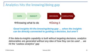 DATA INSIGHT DECISION EXECUTION
Analytics hits the knowing/doing gap
© Rahul Saxena 21February 2019
❖Knowing what to do ❖Doing it
Good insights hit the knowing/doing gap … when the insights
can be directly connected to guiding a decision, but aren’t
If the data-to-insights capability is built without targeting decisions, analytics
deliverables are generated without any idea of how they can be used … we
hit the “useless analytics” gap
 