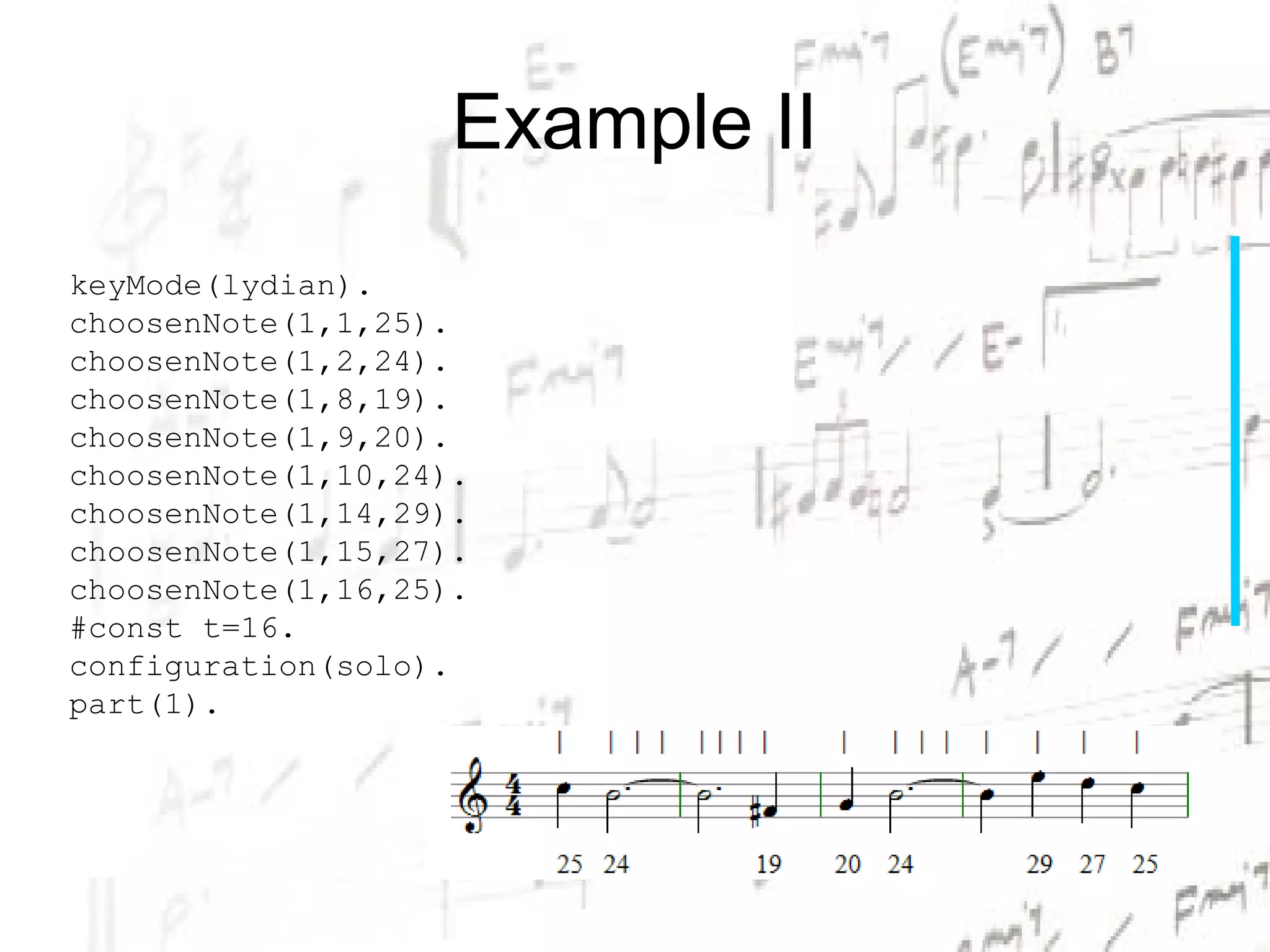 Example II
keyMode(lydian).
choosenNote(1,1,25).
choosenNote(1,2,24).
choosenNote(1,8,19).
choosenNote(1,9,20).
choosenNote(1,10,24).
choosenNote(1,14,29).
choosenNote(1,15,27).
choosenNote(1,16,25).
#const t=16.
configuration(solo).
part(1).
 