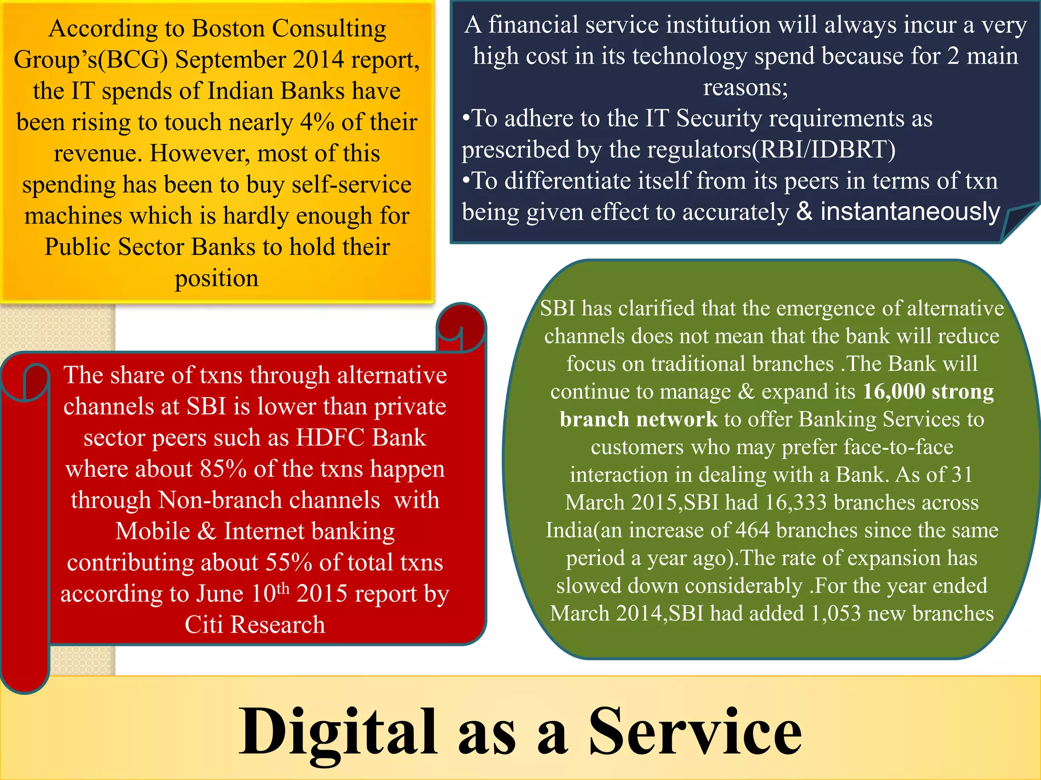 Digital as a Service
According to Boston Consulting
Group’s(BCG) September 2014 report,
the IT spends of Indian Banks have
been rising to touch nearly 4% of their
revenue. However, most of this
spending has been to buy self-service
machines which is hardly enough for
Public Sector Banks to hold their
position
A financial service institution will always incur a very
high cost in its technology spend because for 2 main
reasons;
•To adhere to the IT Security requirements as
prescribed by the regulators(RBI/IDBRT)
•To differentiate itself from its peers in terms of txn
being given effect to accurately & instantaneously
The share of txns through alternative
channels at SBI is lower than private
sector peers such as HDFC Bank
where about 85% of the txns happen
through Non-branch channels with
Mobile & Internet banking
contributing about 55% of total txns
according to June 10th 2015 report by
Citi Research
SBI has clarified that the emergence of alternative
channels does not mean that the bank will reduce
focus on traditional branches .The Bank will
continue to manage & expand its 16,000 strong
branch network to offer Banking Services to
customers who may prefer face-to-face
interaction in dealing with a Bank. As of 31
March 2015,SBI had 16,333 branches across
India(an increase of 464 branches since the same
period a year ago).The rate of expansion has
slowed down considerably .For the year ended
March 2014,SBI had added 1,053 new branches
 