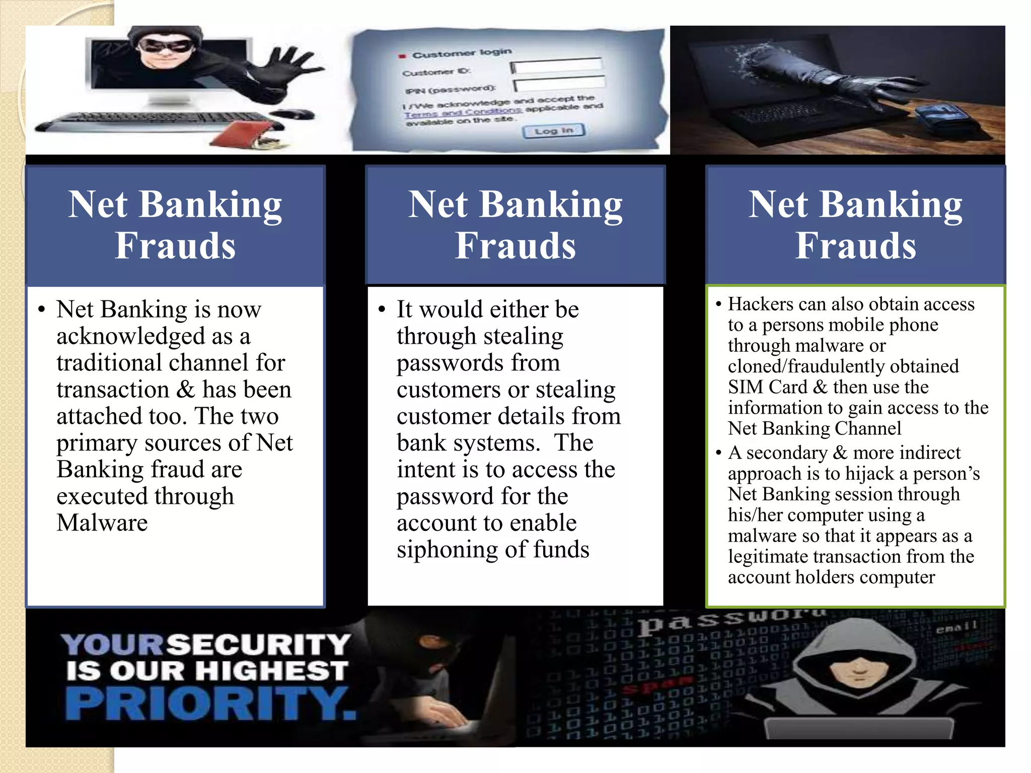 Net Banking
Frauds
• Net Banking is now
acknowledged as a
traditional channel for
transaction & has been
attached too. The two
primary sources of Net
Banking fraud are
executed through
Malware
Net Banking
Frauds
• It would either be
through stealing
passwords from
customers or stealing
customer details from
bank systems. The
intent is to access the
password for the
account to enable
siphoning of funds
Net Banking
Frauds
• Hackers can also obtain access
to a persons mobile phone
through malware or
cloned/fraudulently obtained
SIM Card & then use the
information to gain access to the
Net Banking Channel
• A secondary & more indirect
approach is to hijack a person’s
Net Banking session through
his/her computer using a
malware so that it appears as a
legitimate transaction from the
account holders computer
 