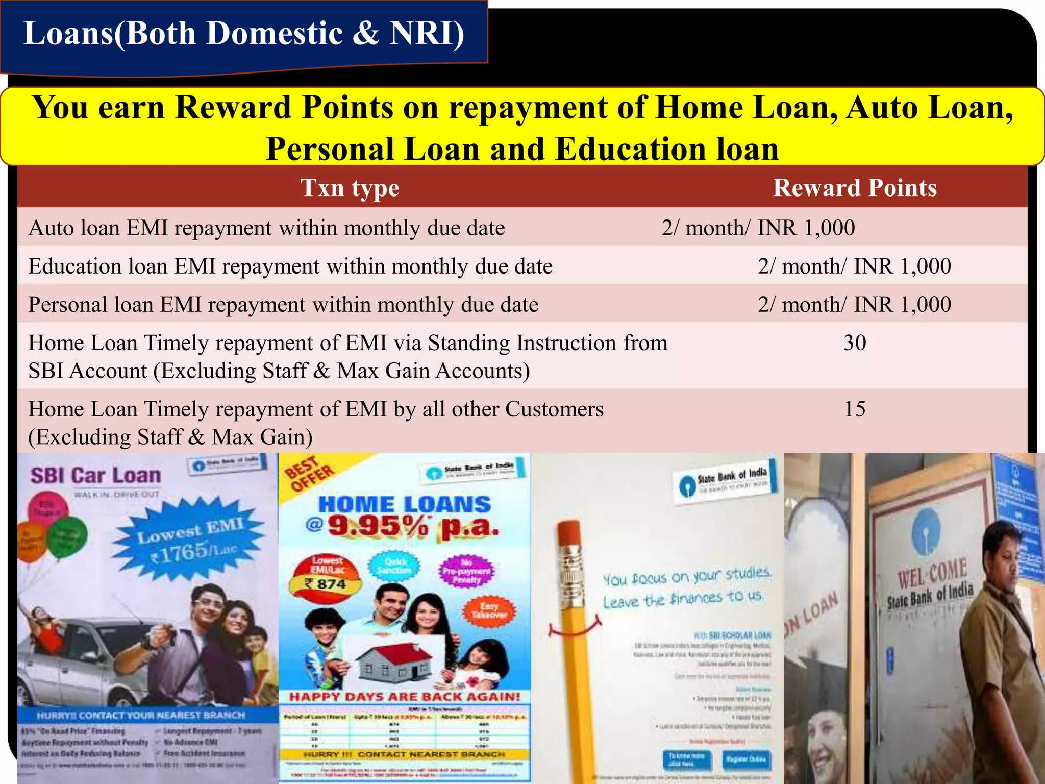 Loans(Both Domestic & NRI)
Txn type Reward Points
Auto loan EMI repayment within monthly due date 2/ month/ INR 1,000
Education loan EMI repayment within monthly due date 2/ month/ INR 1,000
Personal loan EMI repayment within monthly due date 2/ month/ INR 1,000
Home Loan Timely repayment of EMI via Standing Instruction from
SBI Account (Excluding Staff & Max Gain Accounts)
30
Home Loan Timely repayment of EMI by all other Customers
(Excluding Staff & Max Gain)
15
You earn Reward Points on repayment of Home Loan, Auto Loan,
Personal Loan and Education loan
 