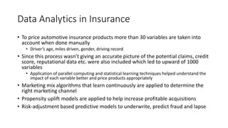 Data Analytics in Insurance
• To price automotive insurance products more than 30 variables are taken into
account when done manually
• Driver’s age, miles driven, gender, driving record
• Since this process wasn’t giving an accurate picture of the potential claims, credit
score, reputational data etc. were also included which led to upward of 1000
variables
• Application of parallel computing and statistical learning techniques helped understand the
impact of each variable better and price products appropriately
• Marketing mix algorithms that learn continuously are applied to determine the
right marketing channel
• Propensity uplift models are applied to help increase profitable acquisitions
• Risk-adjustment based predictive models to underwrite, predict fraud and lapse
 