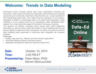 Welcome: Trends in Data Modeling 
2 
Copyright 2014 by Data Blueprint 
Businesses cannot compete without data. Every organization produces and 
consumes it. Data trends are hitting the mainstream and businesses are adopting 
buzzwords such as Big data, Data Vault, Data Scientist, etc., to seek solutions to 
their fundamental data issues. Few realize that the importance of any solution, 
regardless of platform or technology relies on the data model supporting it. Data 
modeling is not an optional task for an organization’s data remediation effort. 
Instead, it is a vital activity that supports the solution driving your business. ! 
This webinar will address emerging trends around data model application 
technology, as well as trends around the practice of data modeling itself. We will 
discuss abstract models and entity frameworks, as well as the general shift from 
data modeling being segmented to becoming more integrated with business 
practices.! 
Takeaways:! 
• NoSQL, data vault, etc., different and when should I apply them?! 
• How Data Modeling relates to business process! 
• Application development (data first, code first, object first?) 
Date: October 14, 2014 
Time: 2:00 PM ET 
Presented by: Peter Aiken, PhD/ 
Steven MacLauchlan 
 