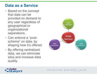 Data as a Service 
42 
Copyright 2014 by Data Blueprint 
• Based on the concept 
that data can be 
provided on demand to 
any user regardless of 
geographical or 
organizational 
separations. 
• Can enforce a “post-schema” 
on data, by 
shaping how it’s offered. 
• By offering centralized 
data, we can eliminate 
silos and increase data 
quality. 
 