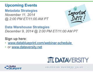 Upcoming Events 
48 
Copyright 2014 by Data Blueprint 
Metadata Strategies 
November 11, 2014 
@ 2:00 PM ET/11:00 AM PT 
! 
Data Warehouse Strategies 
December 9, 2014 @ 2:00 PM ET/11:00 AM PT 
! 
Sign up here: 
• www.datablueprint.com/webinar-schedule 
• or www.dataversity.net 
 