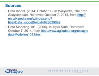 Sources 
49 
• Data model. (2014, October 7). In Wikipedia, The Free 
Encyclopedia. Retrieved October 7, 2014, from http:// 
en.wikipedia.org/w/index.php? 
title=Data_model&oldid=628639882 
• Data Modeling 101. (2006). In Agile Data. Retrieved 
October 7, 2014, from http://www.agiledata.org/essays/ 
dataModeling101.html 
Copyright 2014 by Data Blueprint 
 