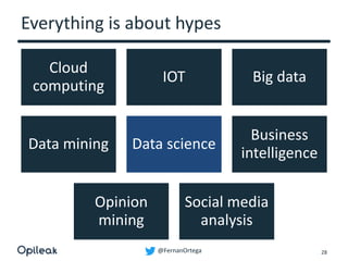 @FernanOrtega
Everything is about hypes
Cloud
computing
IOT Big data
Data mining Data science
Business
intelligence
Opinion
mining
Social media
analysis
28
 