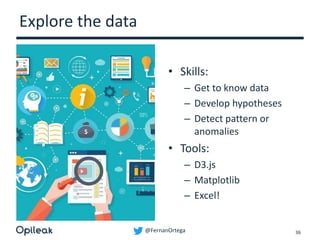 @FernanOrtega
Explore the data
• Skills:
– Get to know data
– Develop hypotheses
– Detect pattern or
anomalies
• Tools:
– D3.js
– Matplotlib
– Excel!
36
 
