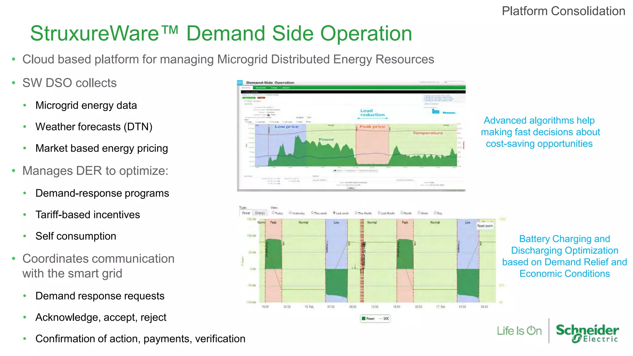 StruxureWare™ Demand Side Operation
• Cloud based platform for managing Microgrid Distributed Energy Resources
• SW DSO collects
• Microgrid energy data
• Weather forecasts (DTN)
• Market based energy pricing
• Manages DER to optimize:
• Demand-response programs
• Tariff-based incentives
• Self consumption
• Coordinates communication
with the smart grid
• Demand response requests
• Acknowledge, accept, reject
• Confirmation of action, payments, verification
Advanced algorithms help
making fast decisions about
cost-saving opportunities
Battery Charging and
Discharging Optimization
based on Demand Relief and
Economic Conditions
Platform Consolidation
 