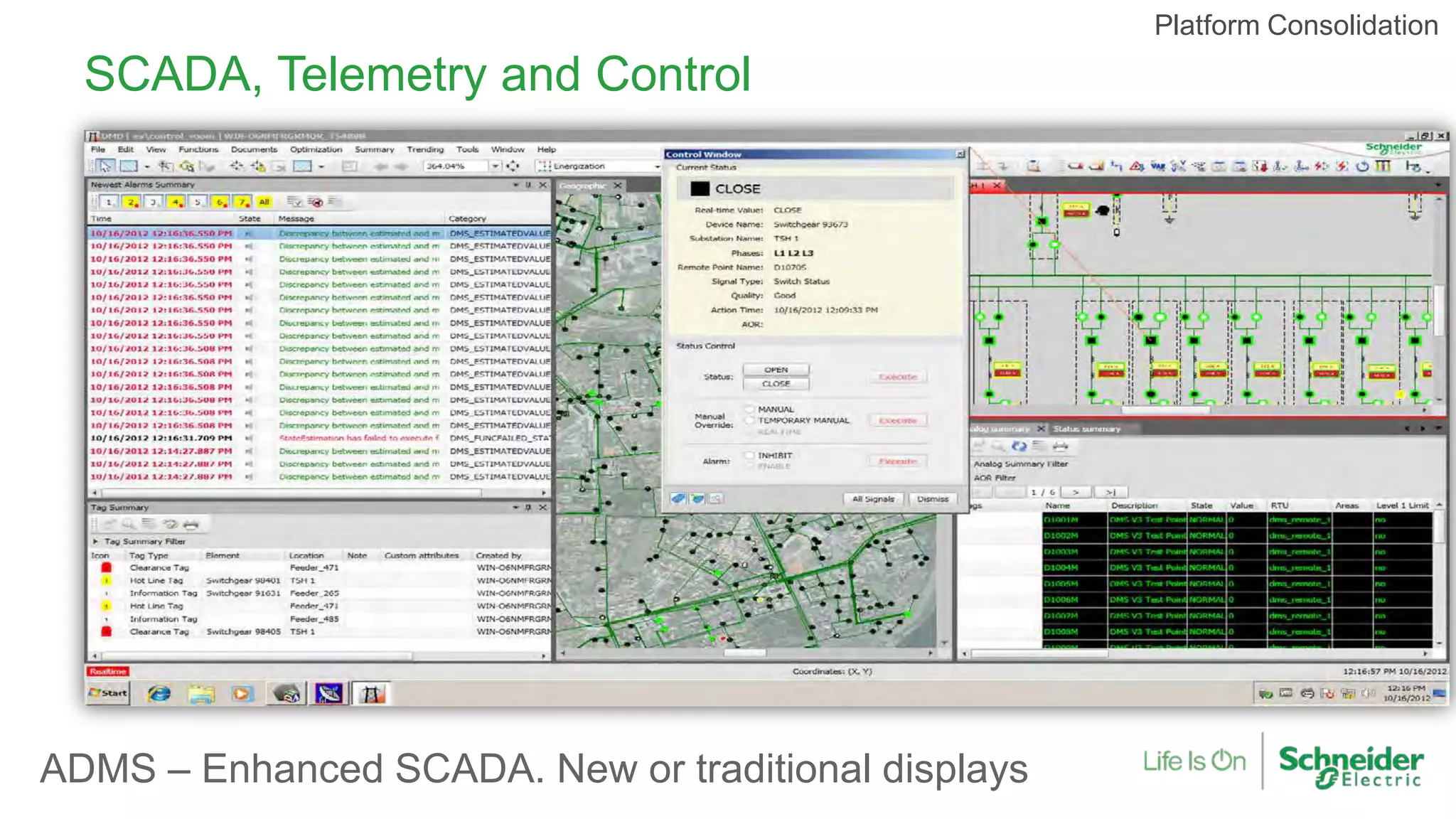 SCADA, Telemetry and Control
ADMS – Enhanced SCADA. New or traditional displays
Platform Consolidation
 