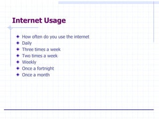 Internet Usage

  How often do you use the internet
  Daily
  Three times a week
  Two times a week
  Weekly
  Once a fortnight
  Once a month
 