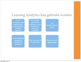 Learning Analytics kan gebruikt worden:
Om te
voorspellen welke
lerenden meer
ondersteuning en
aandacht
behoeven
Om de eigen
prestaties en
resultaten van de
lerende met
anderen te
vergelijken
Om
leerinterventies te
plannen
Om de bestaande
cursussen en
materialen te
verbeteren
Voor marketing en
HR-doeleinden
Onder het motto:
meten is weten
woensdag 12 juni 13
 