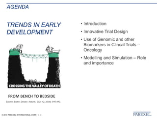 © 2018 PAREXEL INTERNATIONAL CORP. / 2
AGENDA
• Introduction
• Innovative Trial Design
• Use of Genomic and other
Biomarkers in Clincal Trials –
Oncology
• Modelling and Simulation – Role
and importance
TRENDS IN EARLY
DEVELOPMENT
Source: Butler, Declan. Nature; (Jun 12, 2008): 840-842.
FROM BENCH TO BEDSIDE
 