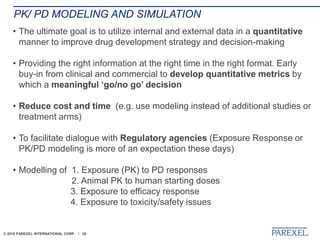 © 2018 PAREXEL INTERNATIONAL CORP. / 20
PK/ PD MODELING AND SIMULATION
• The ultimate goal is to utilize internal and external data in a quantitative
manner to improve drug development strategy and decision-making
• Providing the right information at the right time in the right format. Early
buy-in from clinical and commercial to develop quantitative metrics by
which a meaningful ‘go/no go’ decision
• Reduce cost and time (e.g. use modeling instead of additional studies or
treatment arms)
• To facilitate dialogue with Regulatory agencies (Exposure Response or
PK/PD modeling is more of an expectation these days)
• Modelling of 1. Exposure (PK) to PD responses
2. Animal PK to human starting doses
3. Exposure to efficacy response
4. Exposure to toxicity/safety issues
 