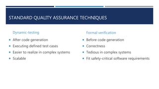 STANDARD QUALITY ASSURANCE TECHNIQUES
Dynamic-testing
 After code generation
 Executing defined test cases
 Easier to realize in complex systems
 Scalable
Formal verification
 Before code generation
 Correctness
 Tedious in complex systems
 Fit safety-critical software requirements
 