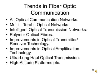 11
Trends in Fiber Optic
Communication
• All Optical Communication Networks.
• Multi – Terabit Optical Networks.
• Intelligent Optical Transmission Networks.
• Polymer Optical Fibres.
• Improvements in Optical Transmitter/
Receiver Technology.
• Improvements in Optical Amplification
Technology.
• Ultra-Long Haul Optical Transmission.
• High-Altitude Platforms etc.
 