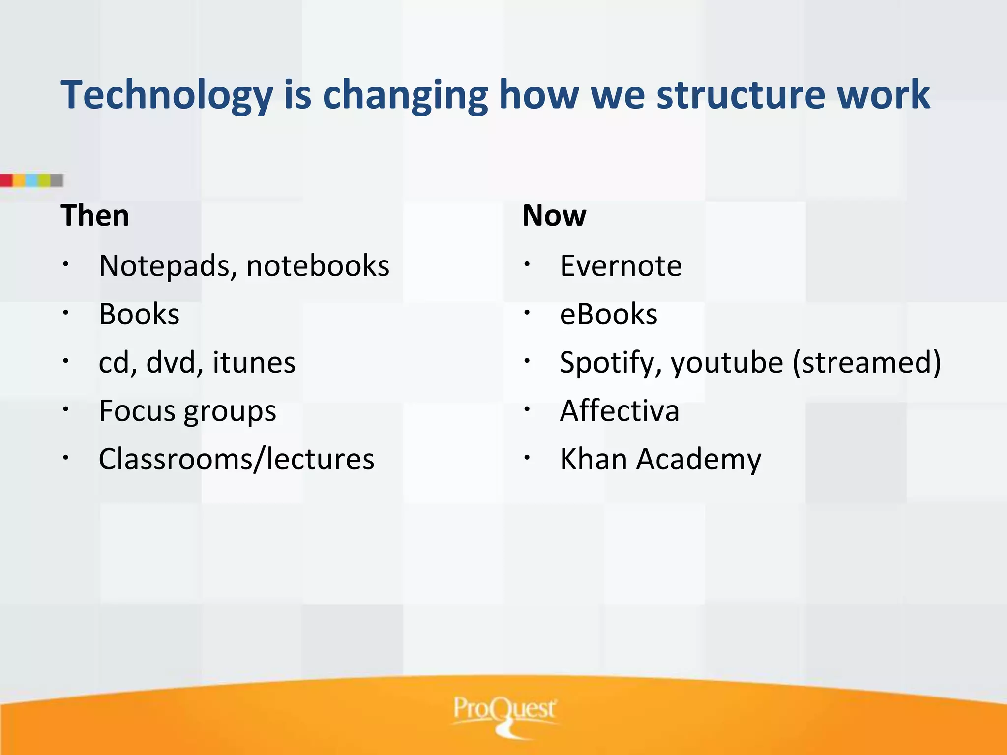 Technology is changing how we structure work
Then
 Notepads, notebooks
 Books
 cd, dvd, itunes
 Focus groups
 Classrooms/lectures

Now
 Evernote
 eBooks
 Spotify, youtube (streamed)
 Affectiva
 Khan Academy

 