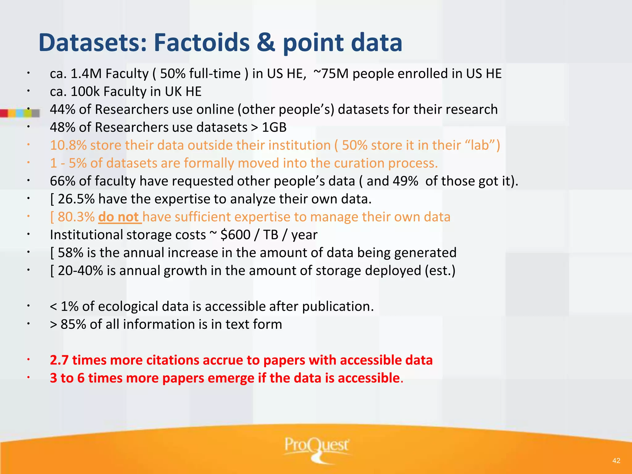 Datasets: Factoids & point data













ca. 1.4M Faculty ( 50% full-time ) in US HE, ~75M people enrolled in US HE
ca. 100k Faculty in UK HE
44% of Researchers use online (other people’s) datasets for their research
48% of Researchers use datasets > 1GB
10.8% store their data outside their institution ( 50% store it in their “lab”)
1 - 5% of datasets are formally moved into the curation process.
66% of faculty have requested other people’s data ( and 49% of those got it).
[ 26.5% have the expertise to analyze their own data.
[ 80.3% do not have sufficient expertise to manage their own data
Institutional storage costs ~ $600 / TB / year
[ 58% is the annual increase in the amount of data being generated
[ 20-40% is annual growth in the amount of storage deployed (est.)




< 1% of ecological data is accessible after publication.
> 85% of all information is in text form




2.7 times more citations accrue to papers with accessible data
3 to 6 times more papers emerge if the data is accessible.

42

 