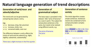 Natural language generation of trend descriptions
Generation of verb/noun and
adverb/adjective
The trend verb can be generated by
comparing two values x and y.
e.g.
x < y decrease, drop, fall, plummet
x ≈ y increase, climb, rise,
x > y remained stable, even out
The difference between x and y affects the
choice of verb and the adverb (e.g. slight,
slightly, substantial, substantially)
There was a slight increase in the first quarter.
Generation of
grammatical subject
The basic topic is provided in the
dataset. Take “price of bananas”
as a case in point. The subject for
consecutive sentences is the
same, but needs to be realized
using different words, e.g.
The price of bananas
The price
It
Generation of sentence
variety
The initial algorithm creates
simple sentences. Sentences
need to be combined to form
compound and/or complex
sentences.
Users dropped to 250 in Q2, then
rose by 30 in Q3, peaking at 390
in Q4.
 