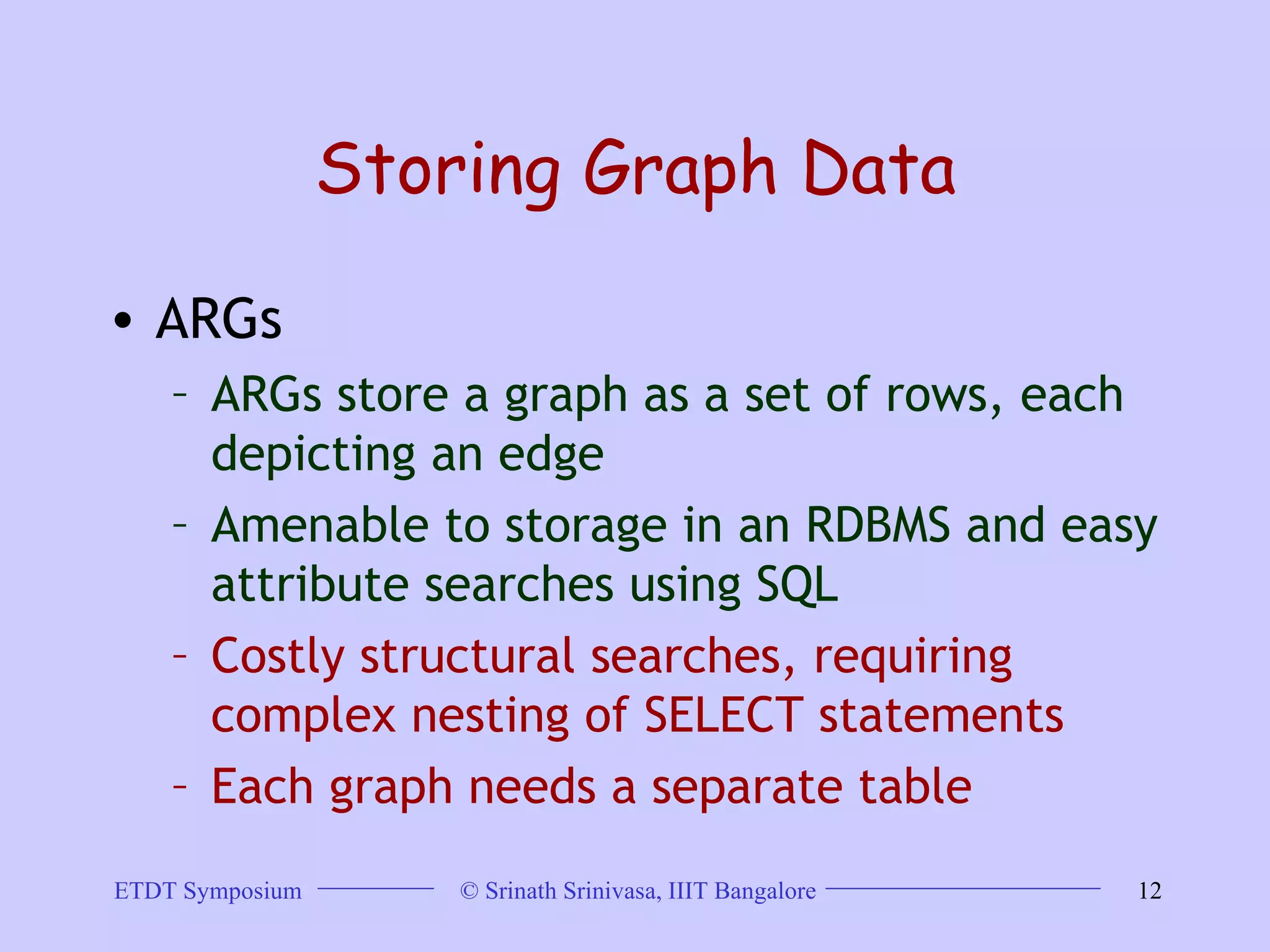Storing Graph Data ARGs ARGs store a graph as a set of rows, each depicting an edge  Amenable to storage in an RDBMS and easy attribute searches using SQL Costly structural searches, requiring complex nesting of SELECT statements Each graph needs a separate table 