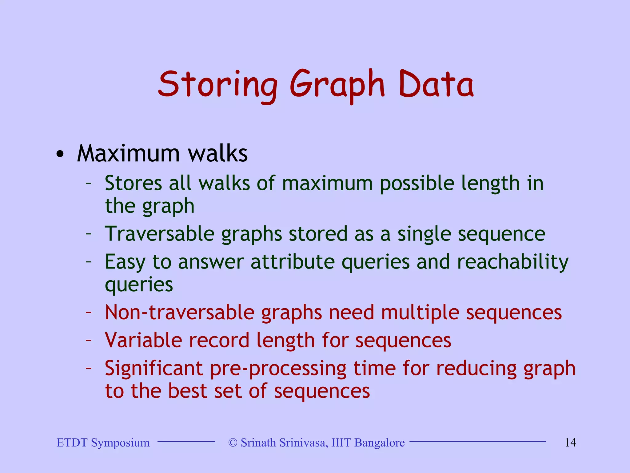 Storing Graph Data Maximum walks Stores all walks of maximum possible length in the graph  Traversable graphs stored as a single sequence Easy to answer attribute queries and reachability queries Non-traversable graphs need multiple sequences  Variable record length for sequences  Significant pre-processing time for reducing graph to the best set of sequences 
