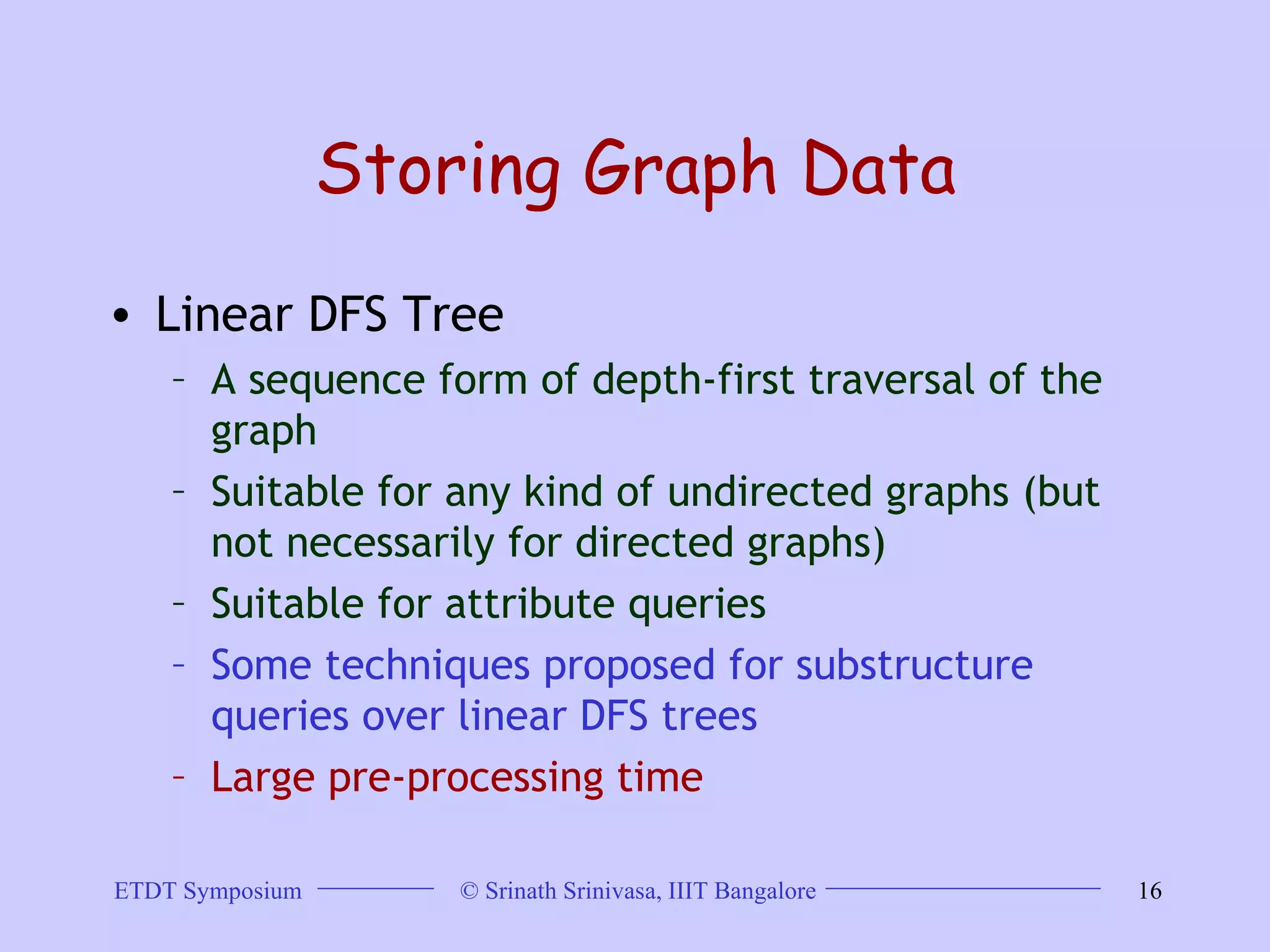 Storing Graph Data Linear DFS Tree A sequence form of depth-first traversal of the graph  Suitable for any kind of undirected graphs (but not necessarily for directed graphs)  Suitable for attribute queries   Some techniques proposed for substructure queries over linear DFS trees Large pre-processing time  