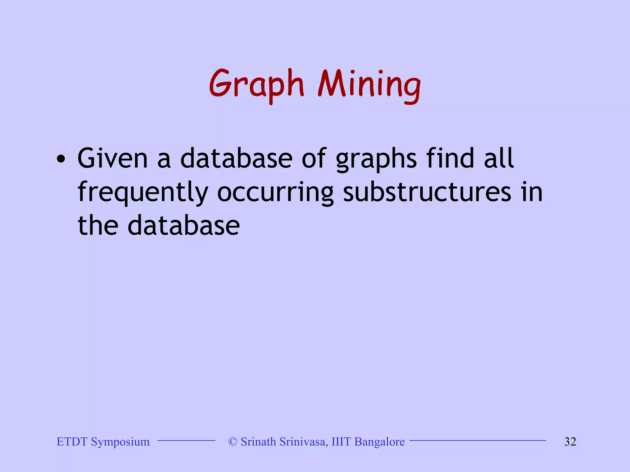 Graph Mining Given a database of graphs find all frequently occurring substructures in the database  