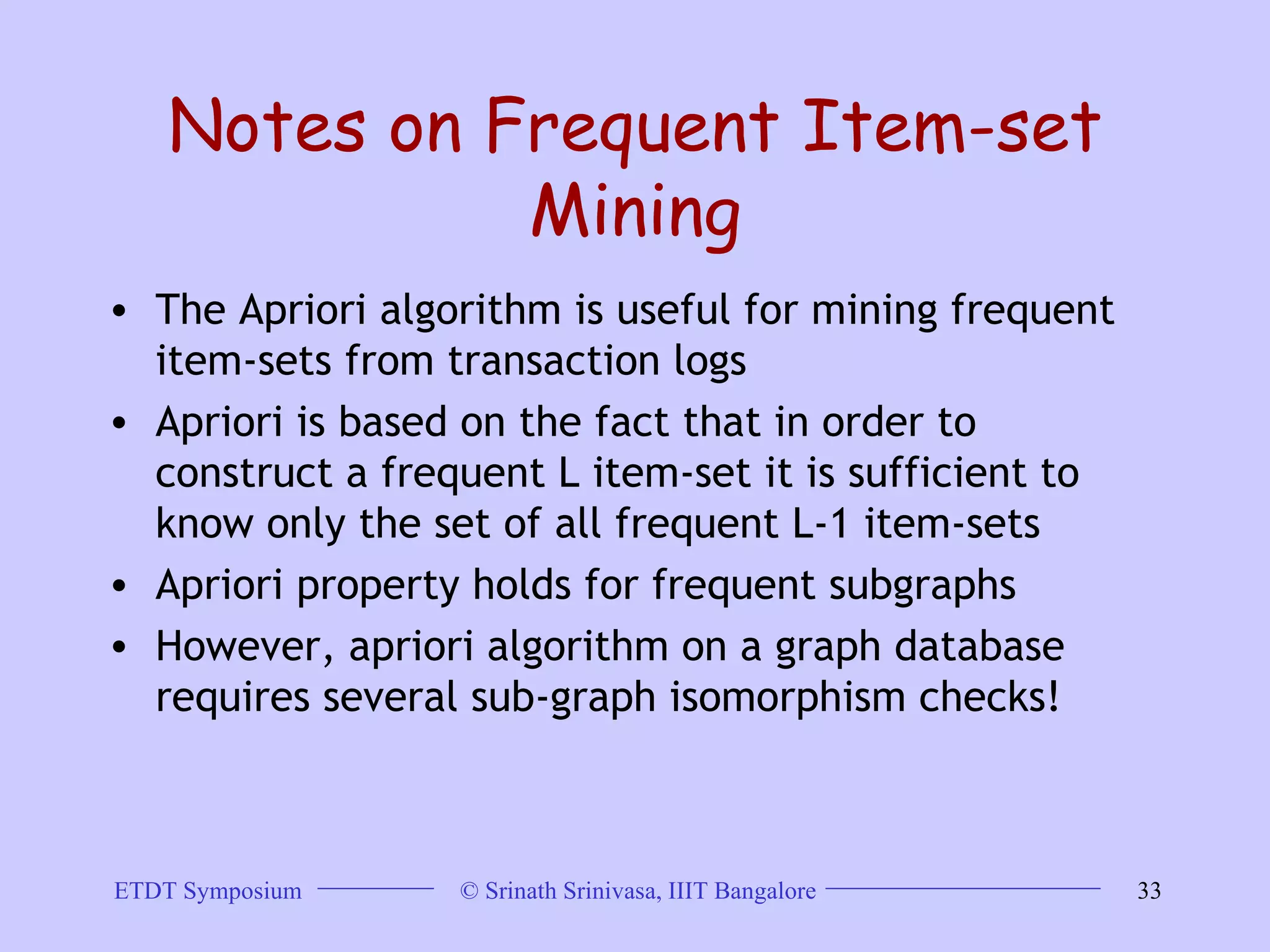 Notes on Frequent Item-set Mining The Apriori algorithm is useful for mining frequent item-sets from transaction logs  Apriori is based on the fact that in order to construct a frequent L item-set it is sufficient to know only the set of all frequent L-1 item-sets  Apriori property holds for frequent subgraphs  However, apriori algorithm on a graph database requires several sub-graph isomorphism checks!  