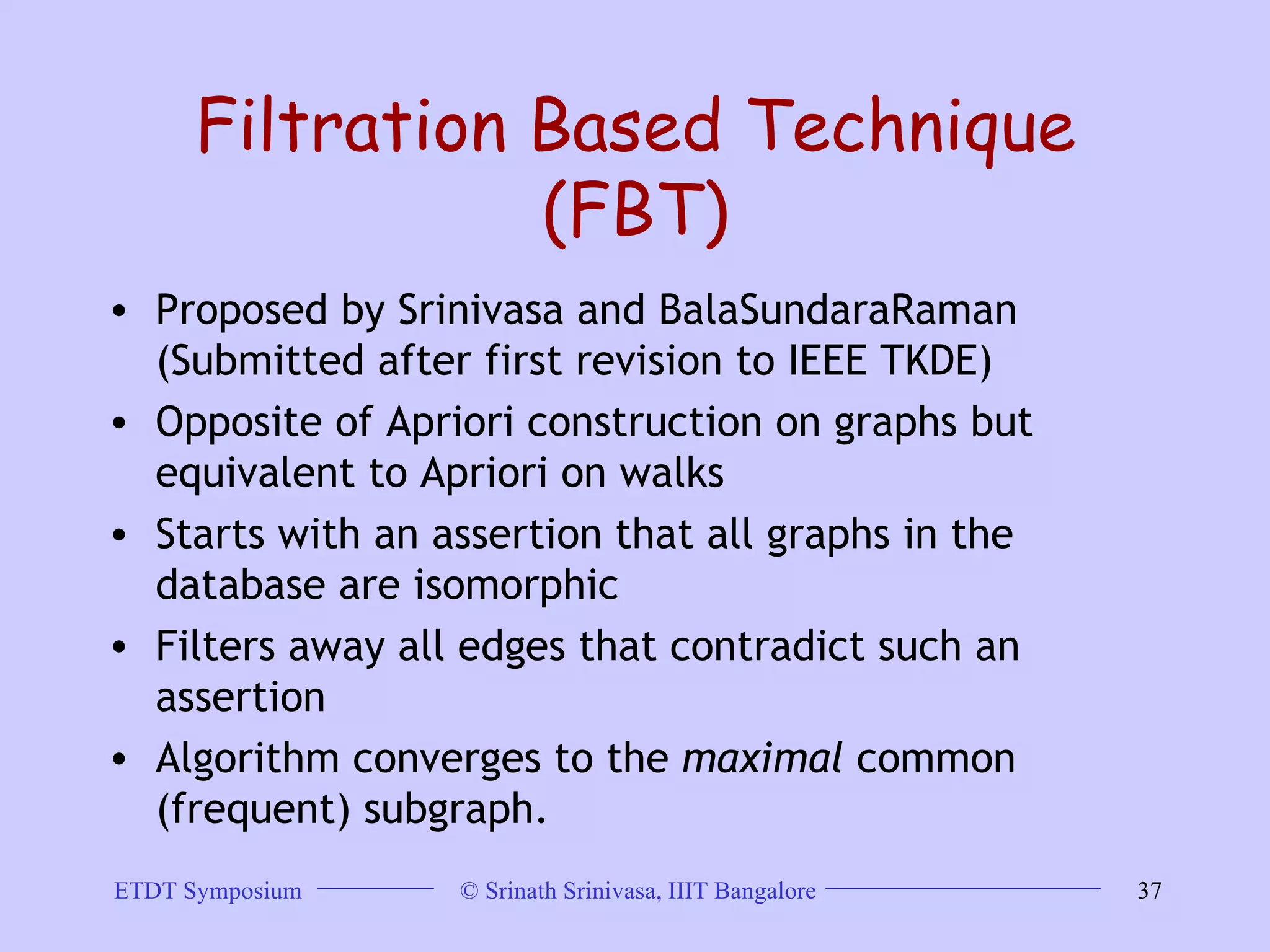 Filtration Based Technique (FBT) Proposed by Srinivasa and BalaSundaraRaman (Submitted after first revision to IEEE TKDE)  Opposite of Apriori construction on graphs but equivalent to Apriori on walks  Starts with an assertion that all graphs in the database are isomorphic  Filters away all edges that contradict such an assertion  Algorithm converges to the  maximal  common (frequent) subgraph.  