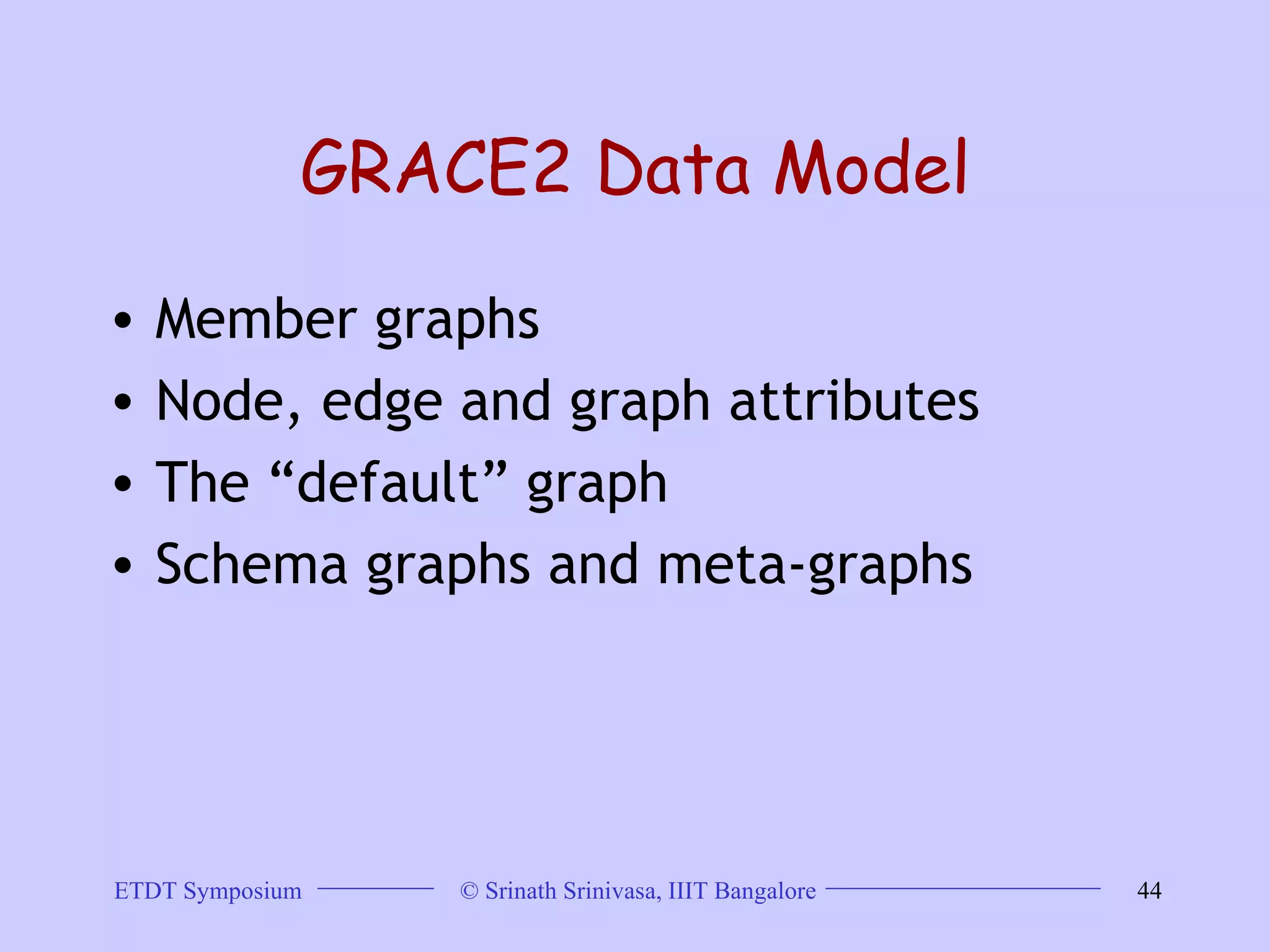 GRACE2 Data Model Member graphs  Node, edge and graph attributes  The “default” graph  Schema graphs and meta-graphs  